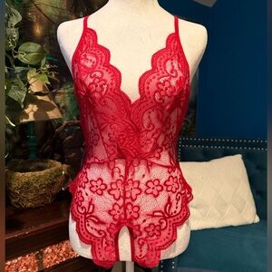 Elegant Red Lace Crotchless Bodysuit